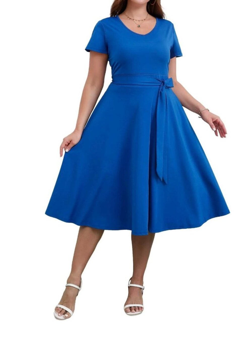 Women's Plus Size 3X Royal Blue Midi Dress with Waist Tie
